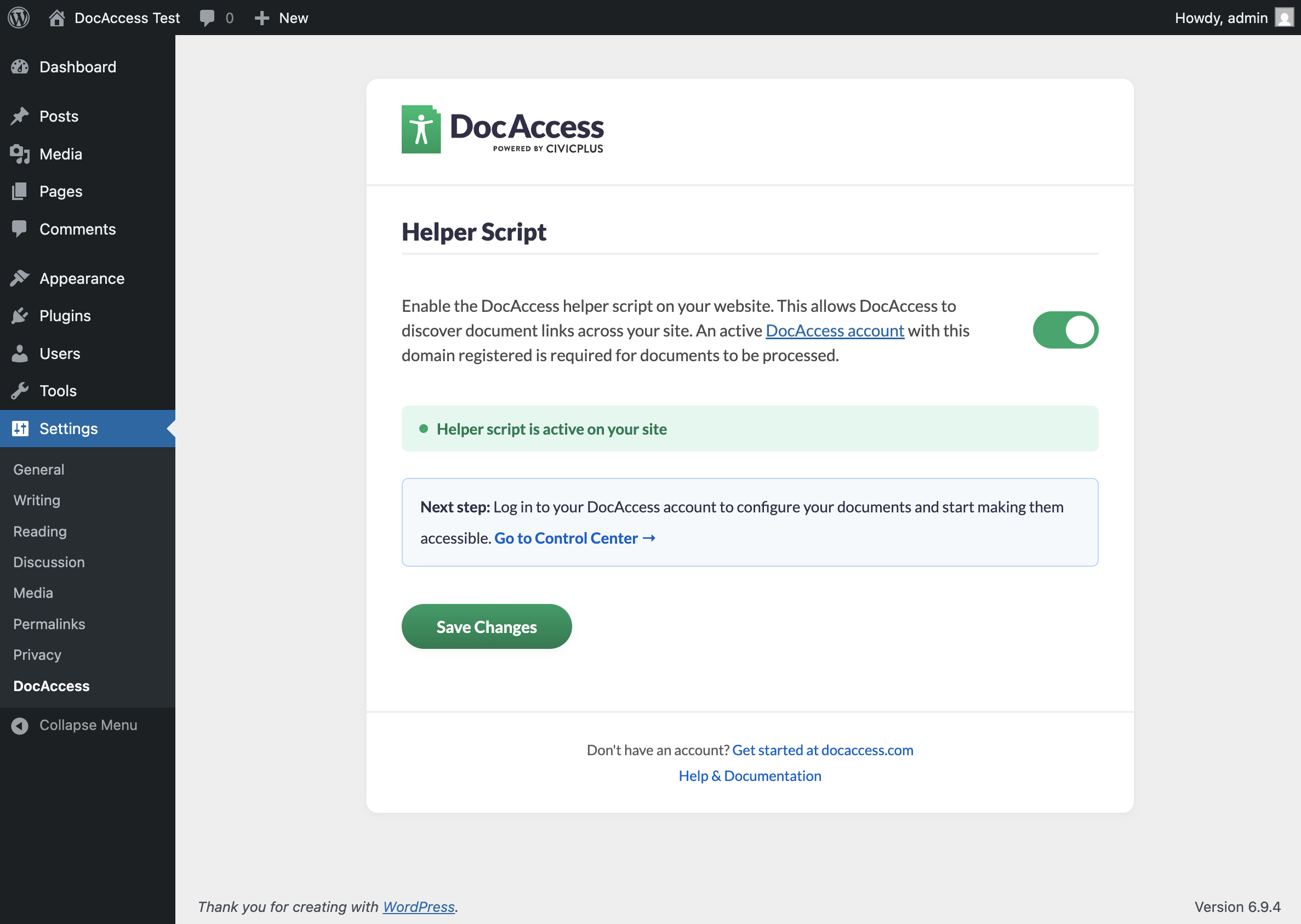 The DocAccess settings page in WordPress admin — toggle the helper script on or off with a single click.