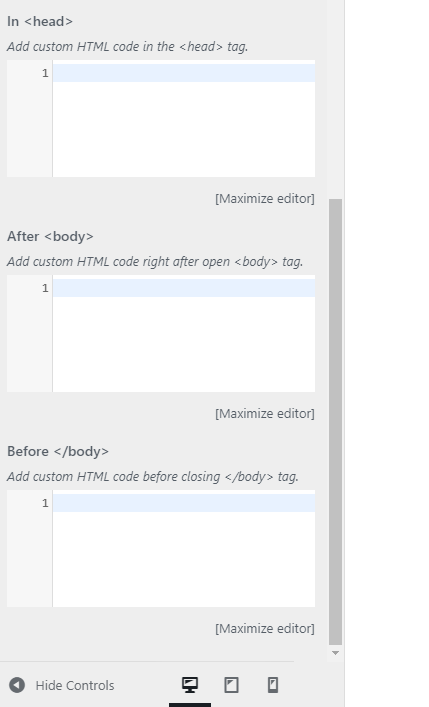 Insert custom HTML snippets in key sections (head, body open, body close).