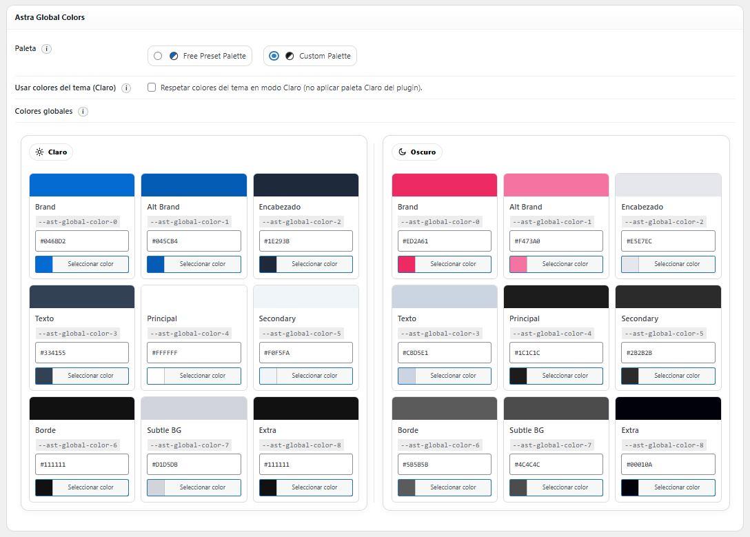 Astra Global Colors (Custom Palette selected)