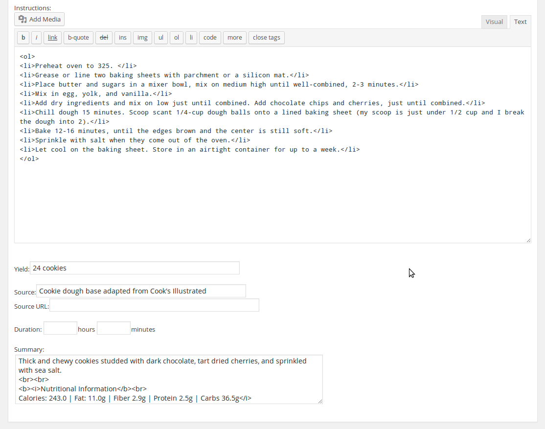 Enter the instructions, yield, source, duration, and summary.