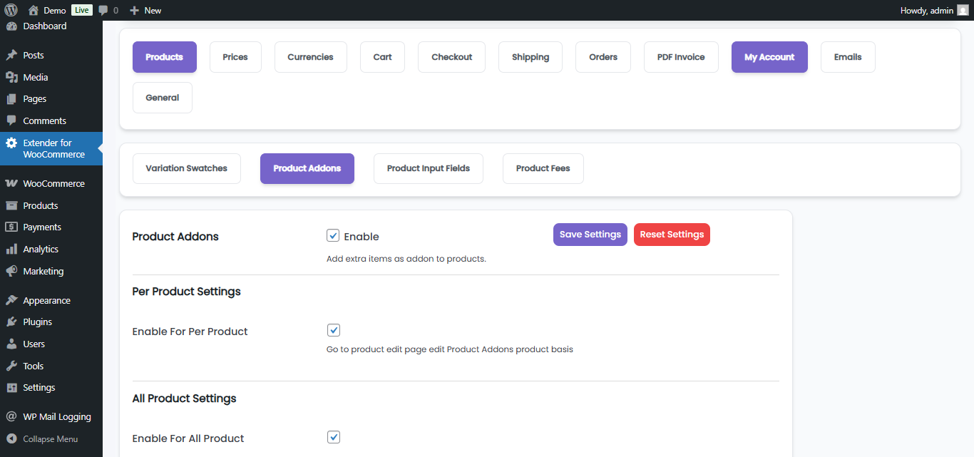 Product Addons Example