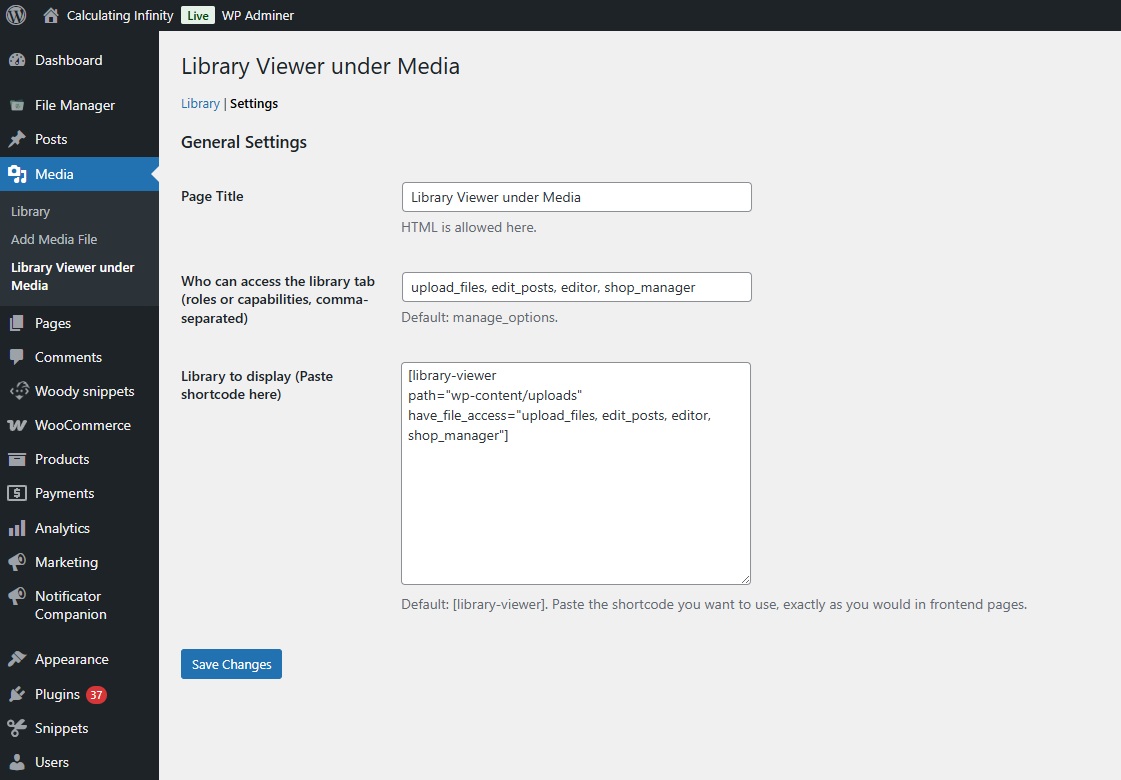 The settings of the default Library Viewer admin page