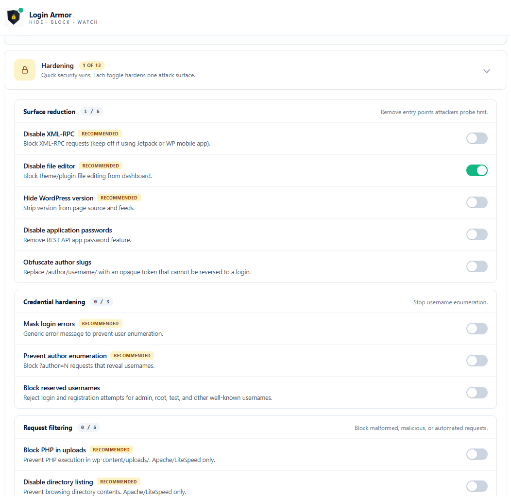 Hardening - thirteen one-click toggles grouped by surface reduction, credential hardening, and request filtering.