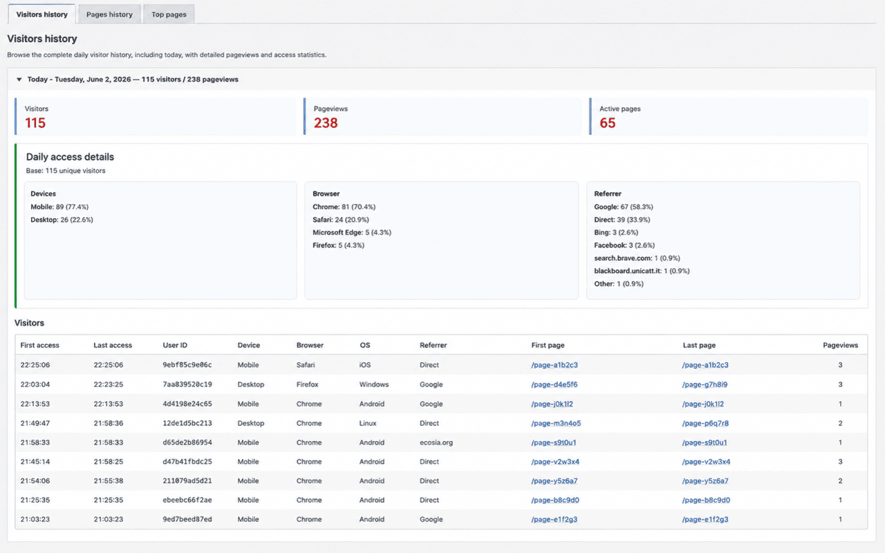 Visitor History - detailed historical visitor statistics and access reports.