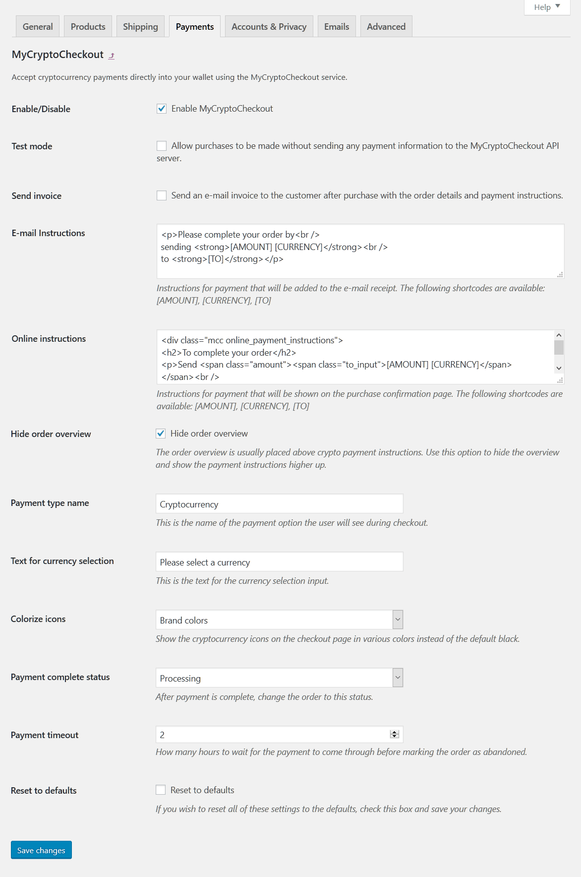WooCommerce settings