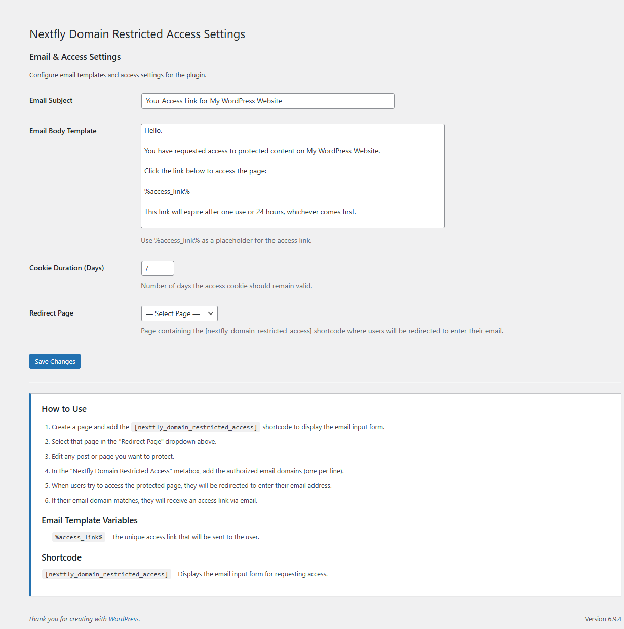 Settings Page: Configure email templates and cookie duration.