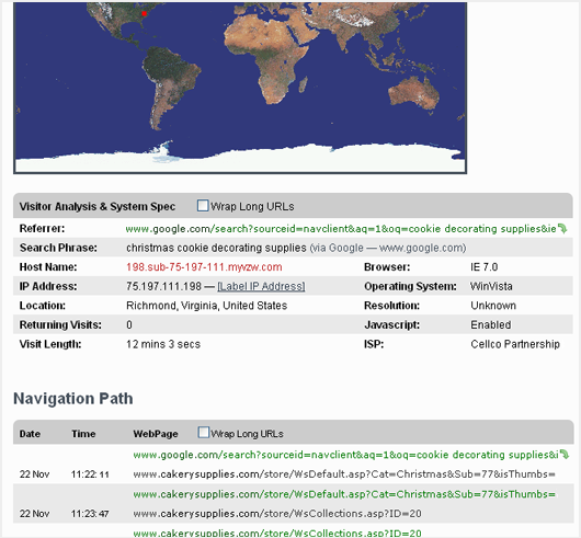 Using the magnify tool, you can "zoom in" on individual visitors and get a detailed report on where they are from, their system settings, and most importantly, what link reffered them to your site and their navigation path through your site.