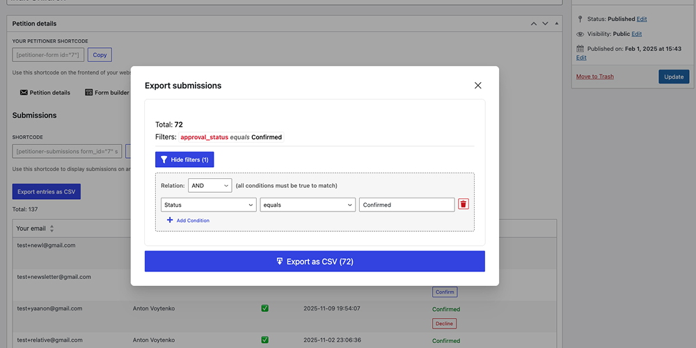 Submission export with filters