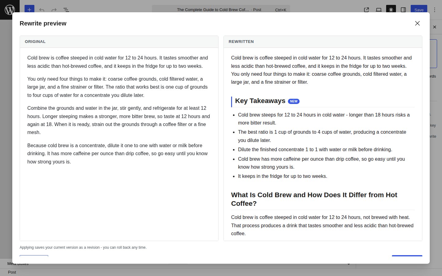 The rewrite preview - check the optimized version, copy the HTML, or apply it straight to the post.