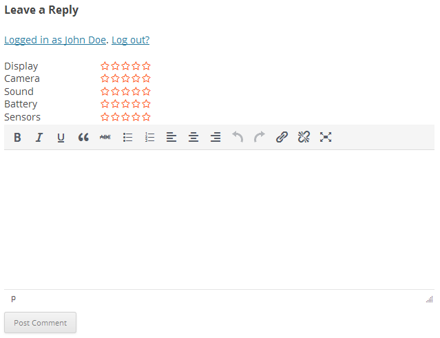 User review form with rich editor enabled.