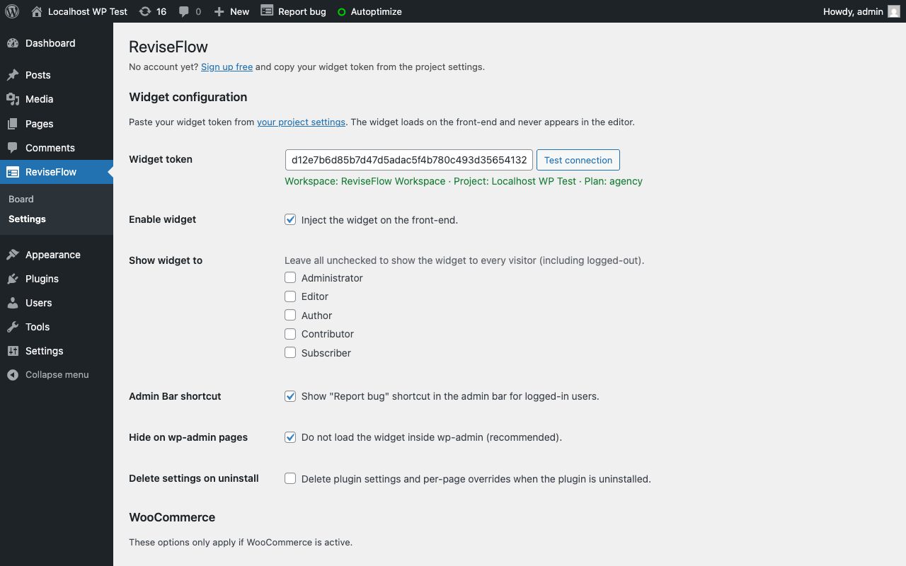 The settings page after a successful "Test connection" — workspace, project and plan are confirmed in one click.
