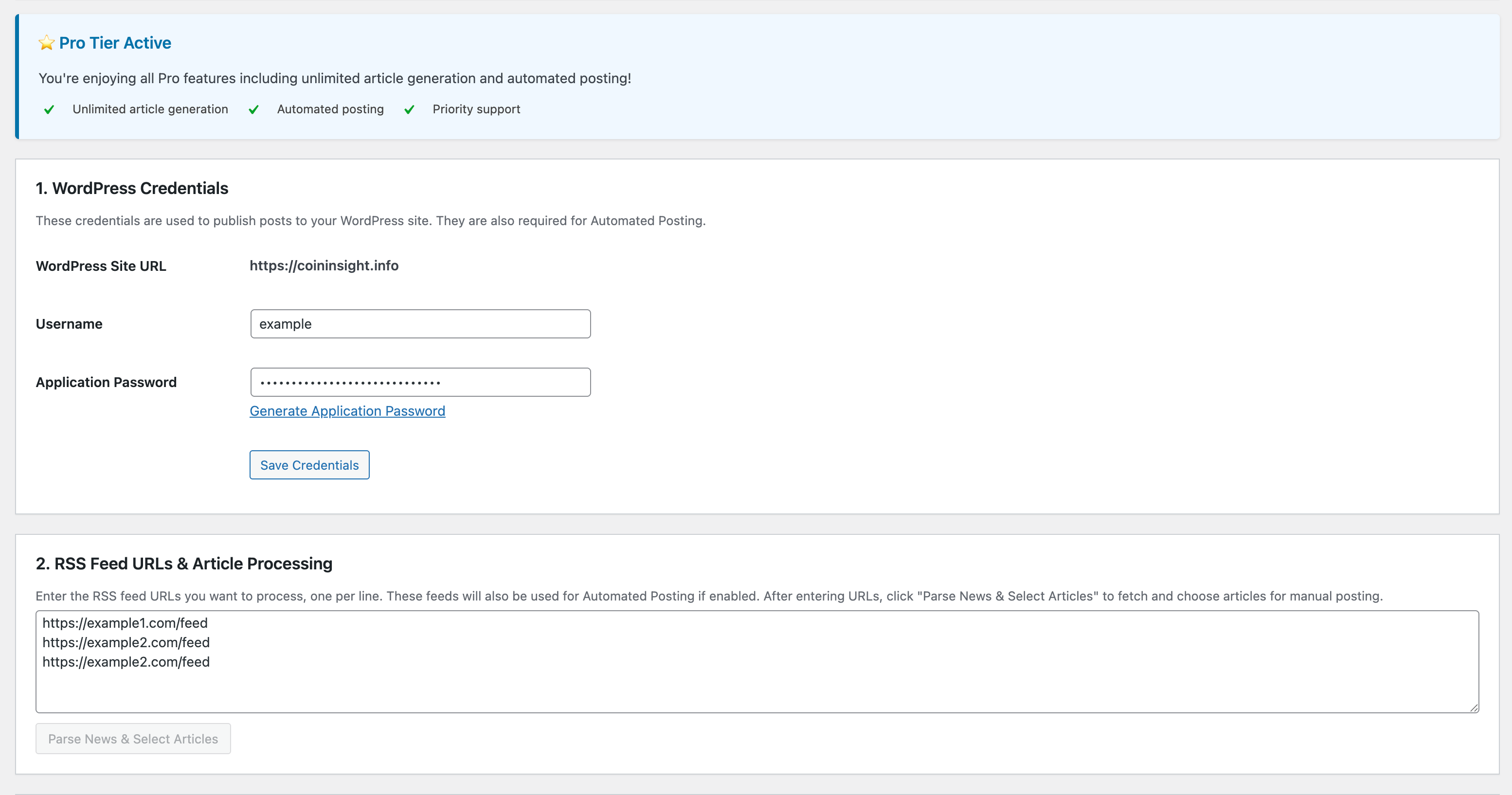 Dashboard overview showing multiple sections for configuration.