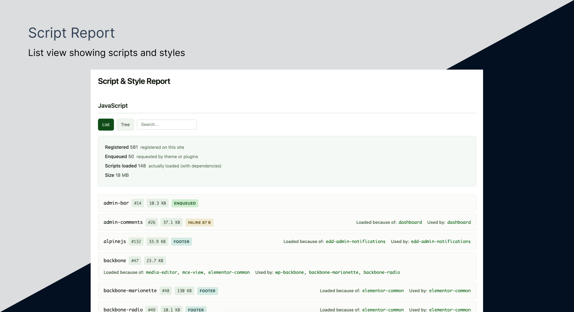List view showing scripts and styles with load order and metadata.