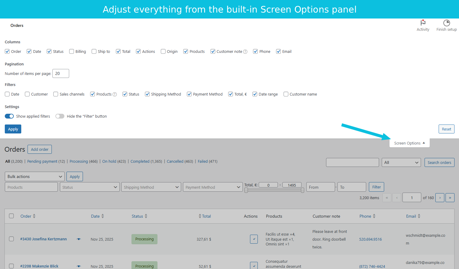 Manage columns and filters from Screen Options - toggle visibility, reorder, adjust pagination.