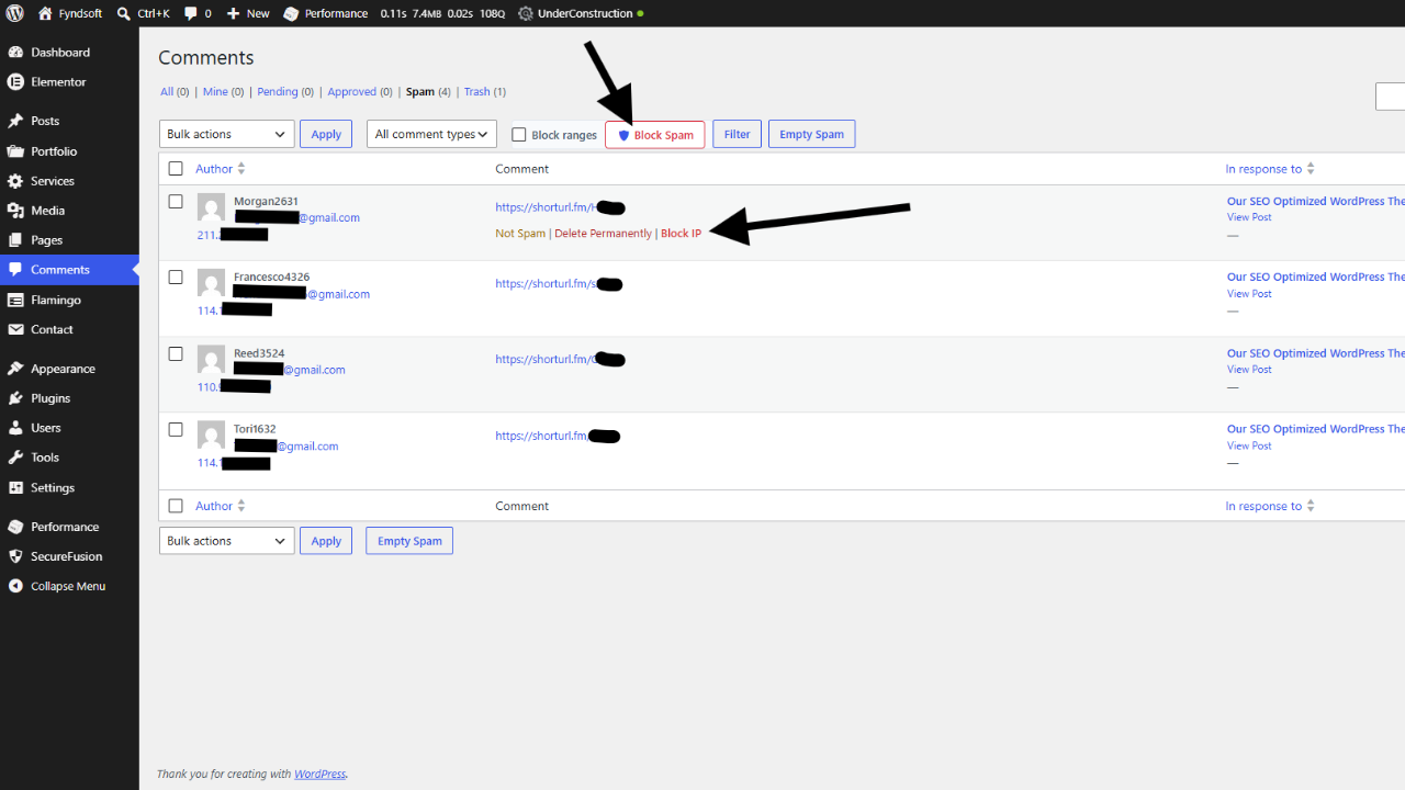 The WordPress Comments list integration allowing admins to block spam IPs and ranges directly.