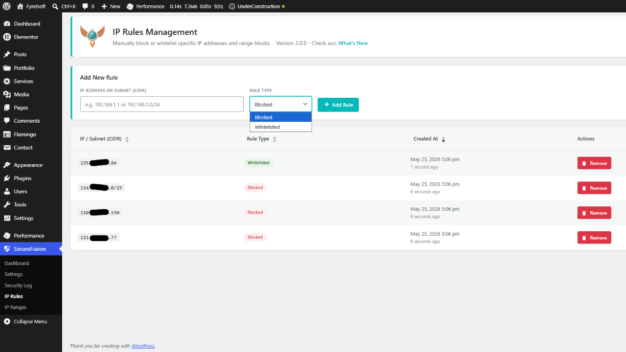 The IP Rules management screen for manually blocking or whitelisting specific IPs and CIDR ranges.