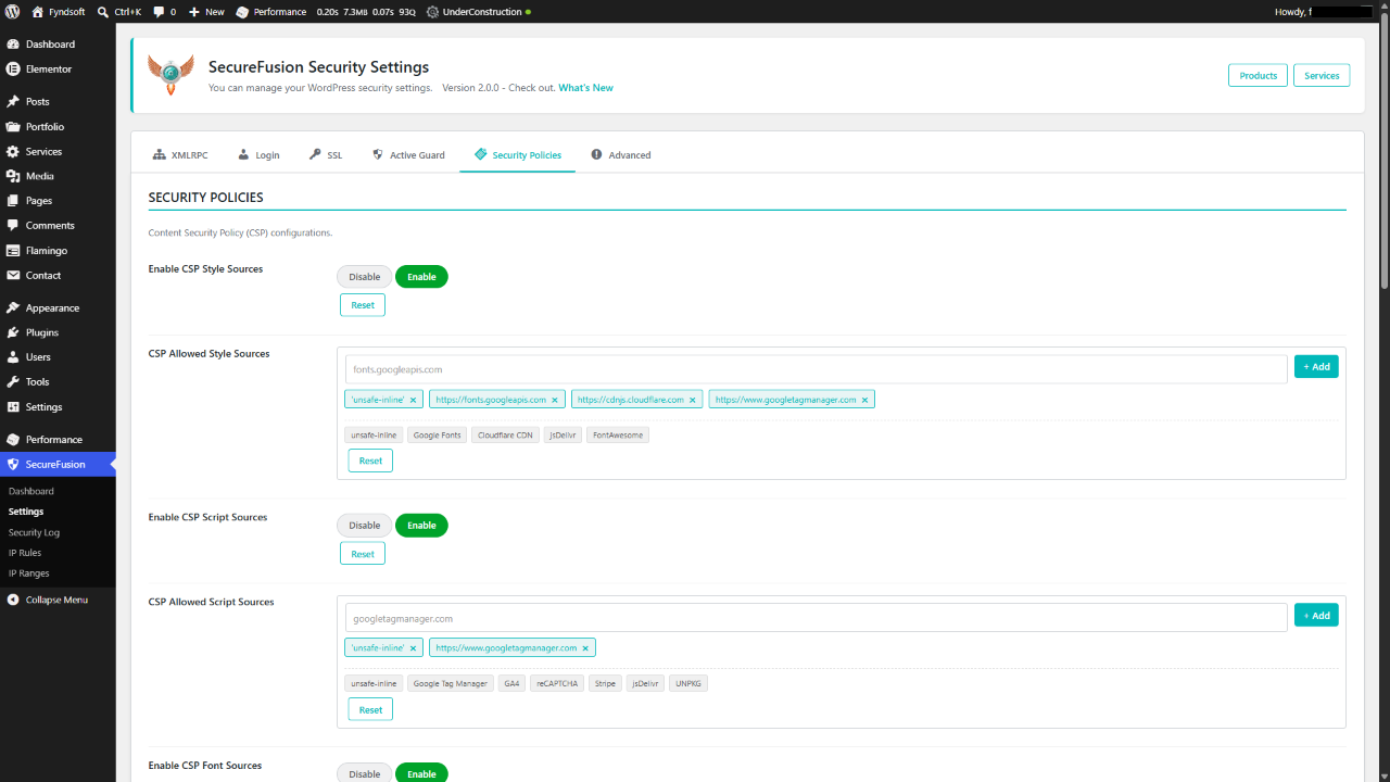 The Security settings panel showing custom login URL configurations and CSP headers control.