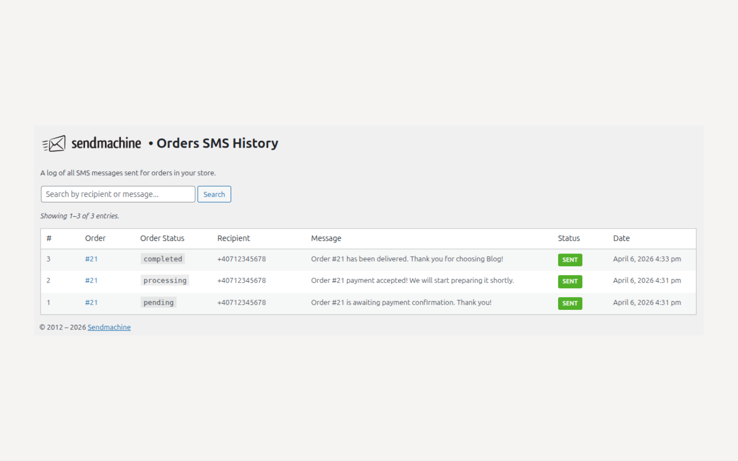 Orders SMS Templates — per-status templates with variables