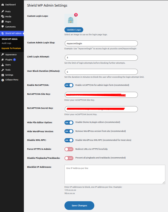 Dashboard settings to manage all Shield WP Admin configurations.