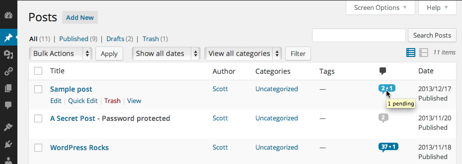 A screenshot of the 'Posts' admin page with the plugin active. The topmost post clearly indicates 2 approved comments and 1 comment pending. The second post has 2 approved comments with none pending. The third post has 37 approved comments and 1 comment pending.