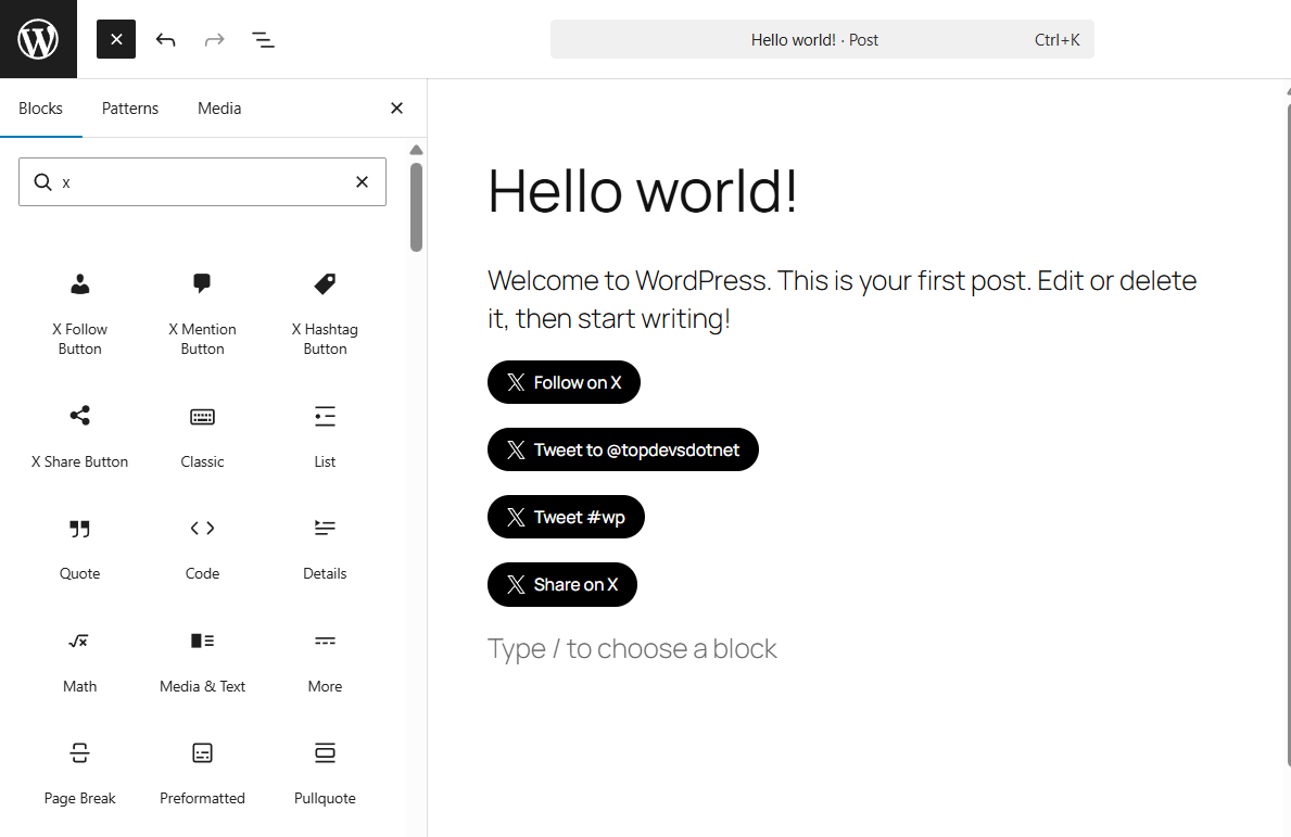 Gutenberg block editor — all four blocks