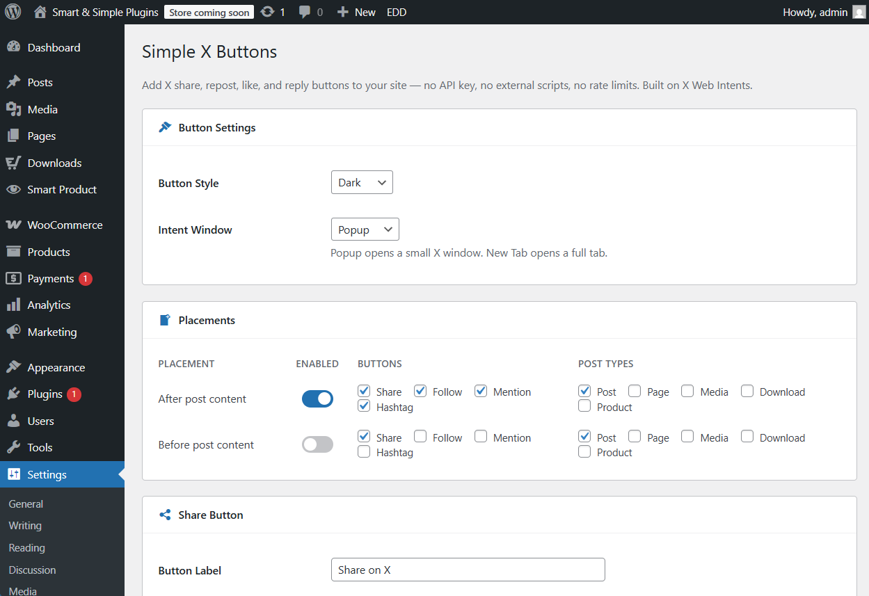 Settings page — Placements section