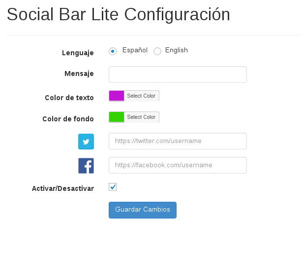 Ésta es una captura de pantalla de las configuraciones de Social Bar Lite.