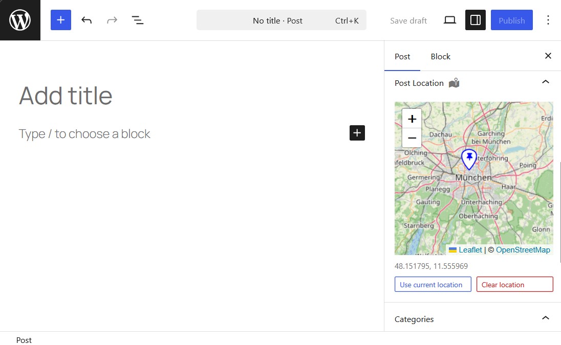 Tag any post with a location right from the editor sidebar — click the map or use your current location