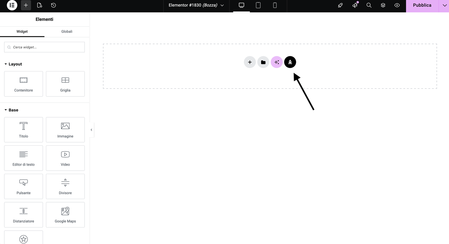 The SAS button inside the Elementor editor — click to open the template library.