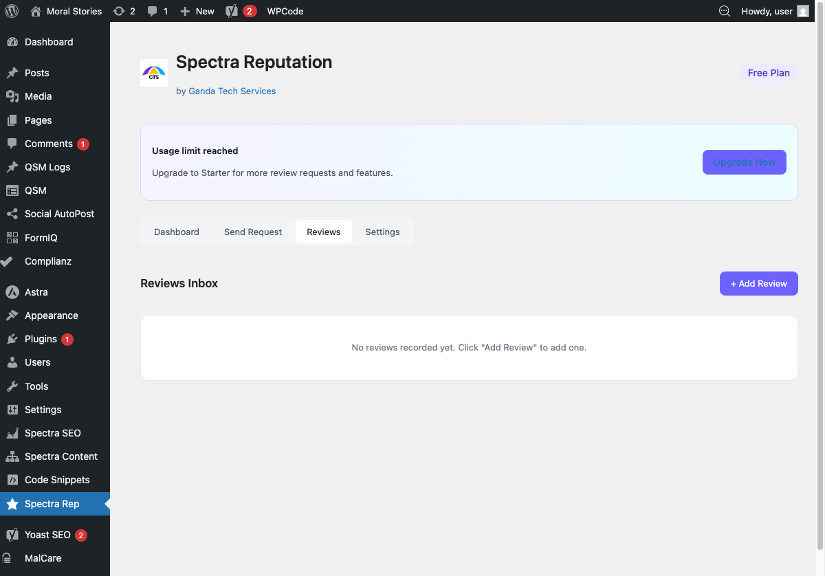 Reviews Inbox — log and track received reviews. Click "+ Add Review" to record any review with platform, rating, and sentiment.