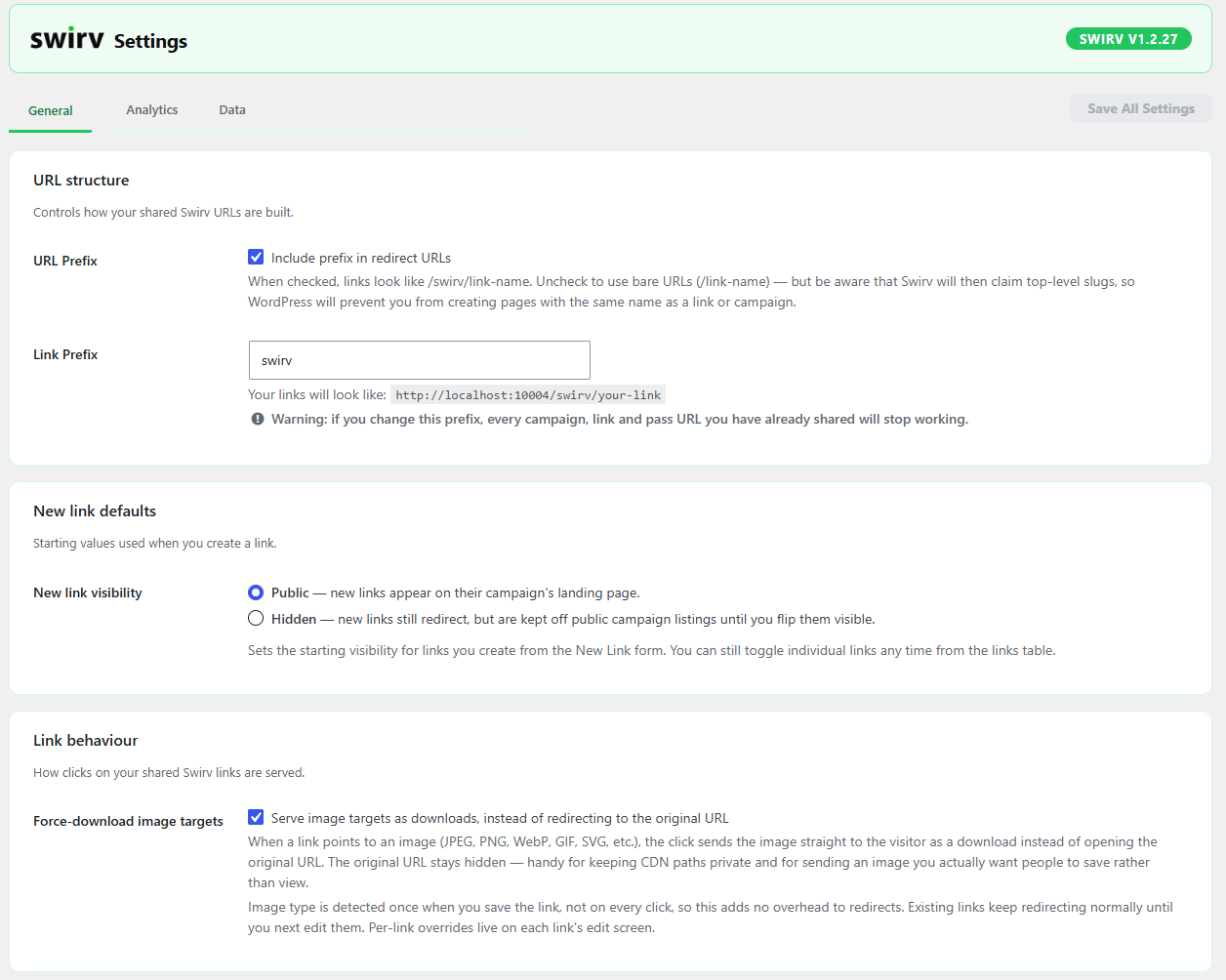 Settings — pick your URL prefix, or drop it entirely for clean yoursite.com/your-link links.