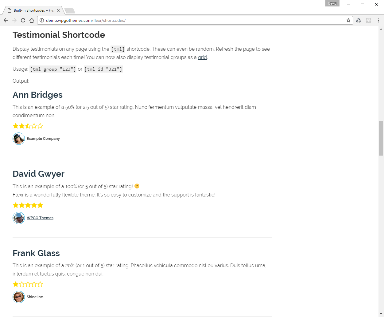 Shortcodes allow you to insert testimonials anywhere on your site.