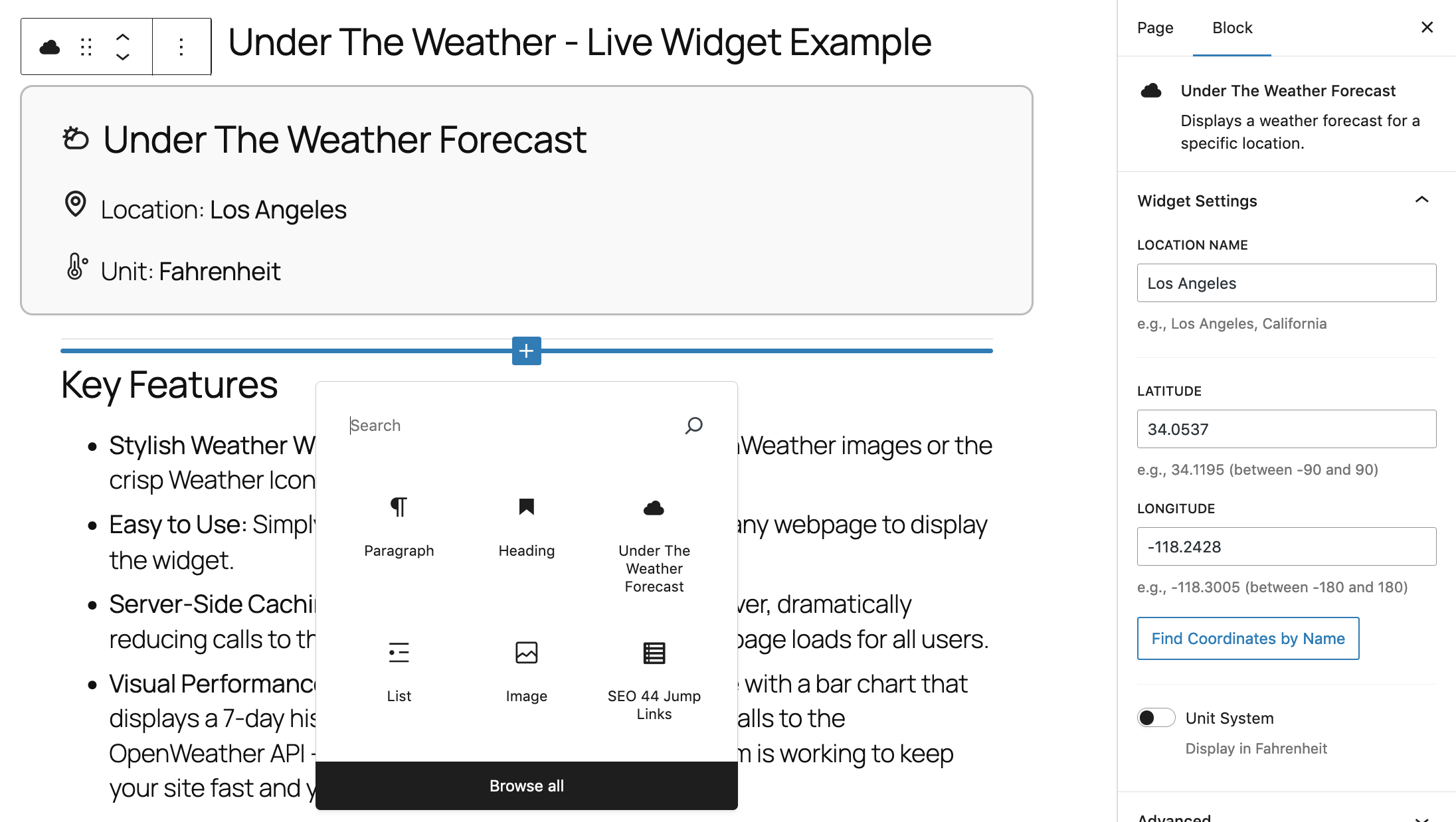 The weather widget with Sunrise and Sunset times shown