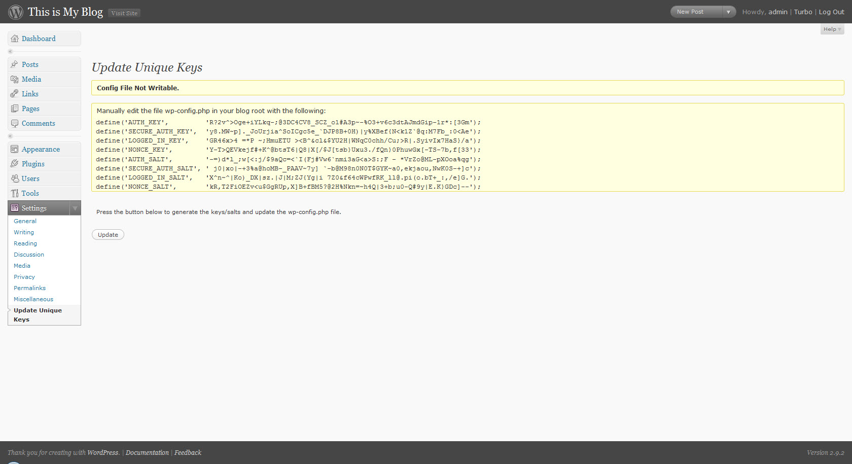 Output when wp-config.php is not writeable.