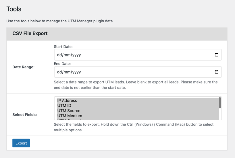 Export Tool – Export leads to CSV with date range filtering and field selection