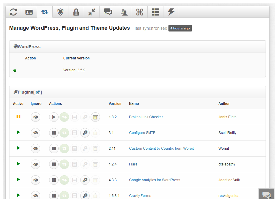 See all your sites at a glance, which sites have upgrades available and where.