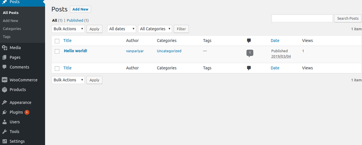 Post Views column in the WordPress admin post list.