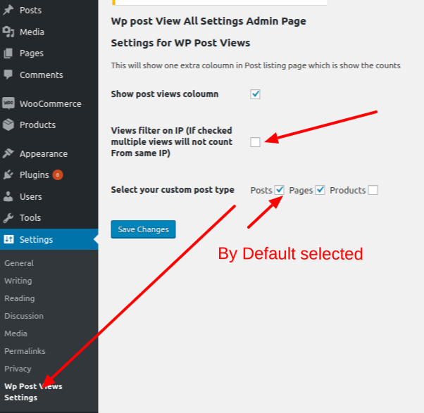 Main plugin settings page showing post type selection and IP filtering.