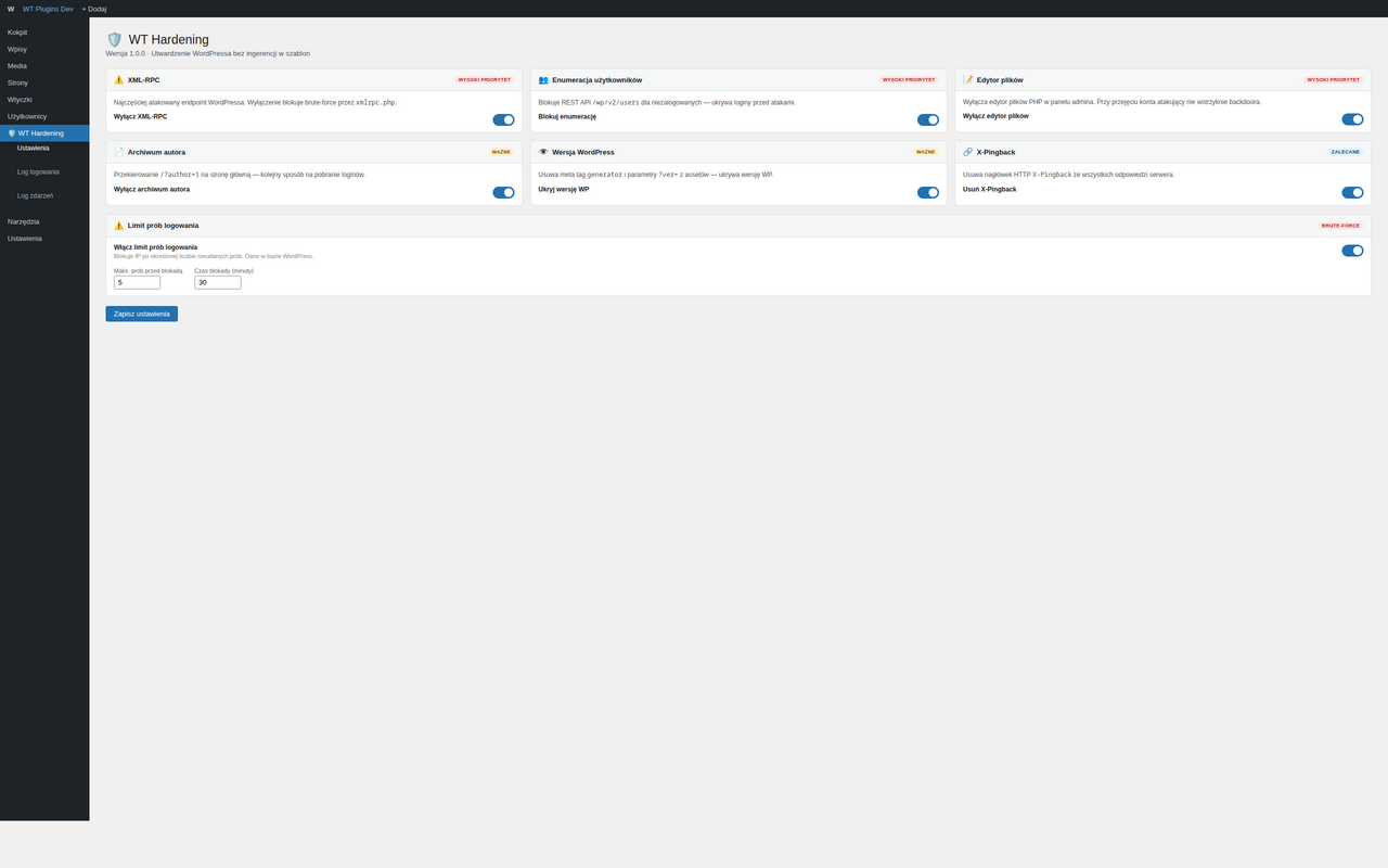 Settings panel — modules rendered as cards with toggles and descriptions.