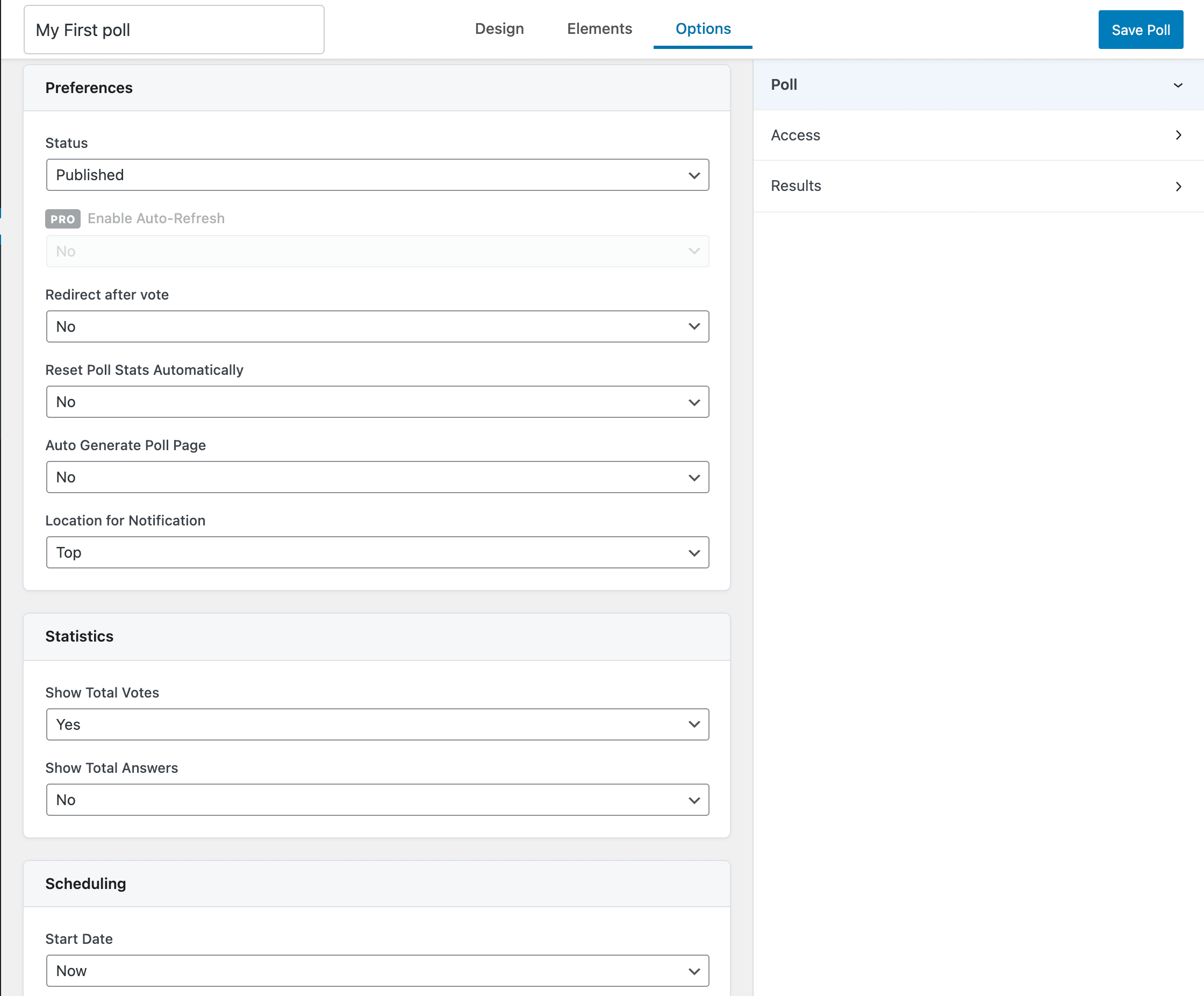 Configure poll behavior — scheduling, statistics, and notifications