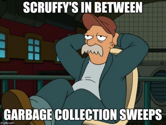 Scruffy the janitor from Futurama, relaxing in a chair, captioned