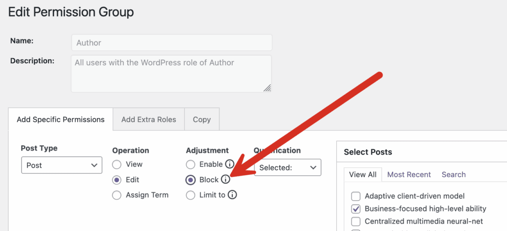 Adjustment options for a user role