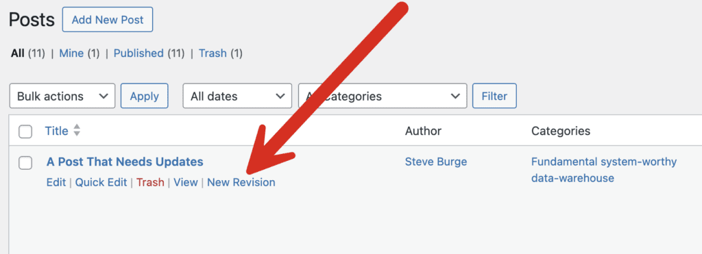 New Revision link on Posts screen