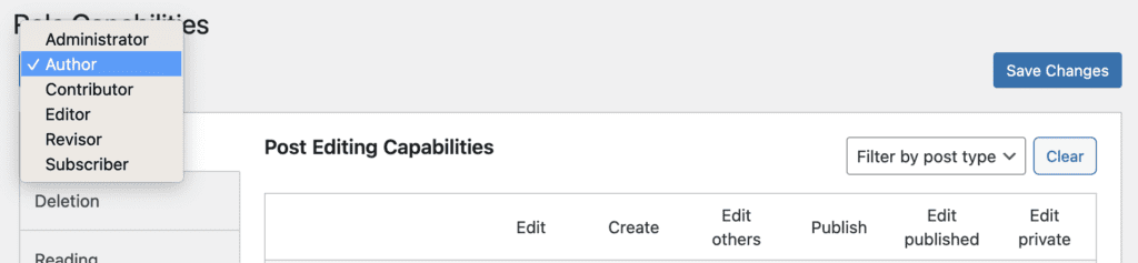 Capabilities screen user dropdown