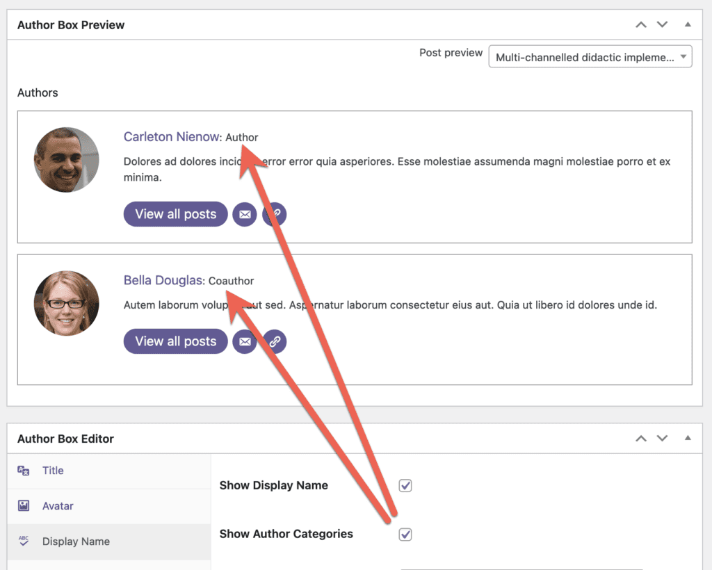 Author boxes with categories