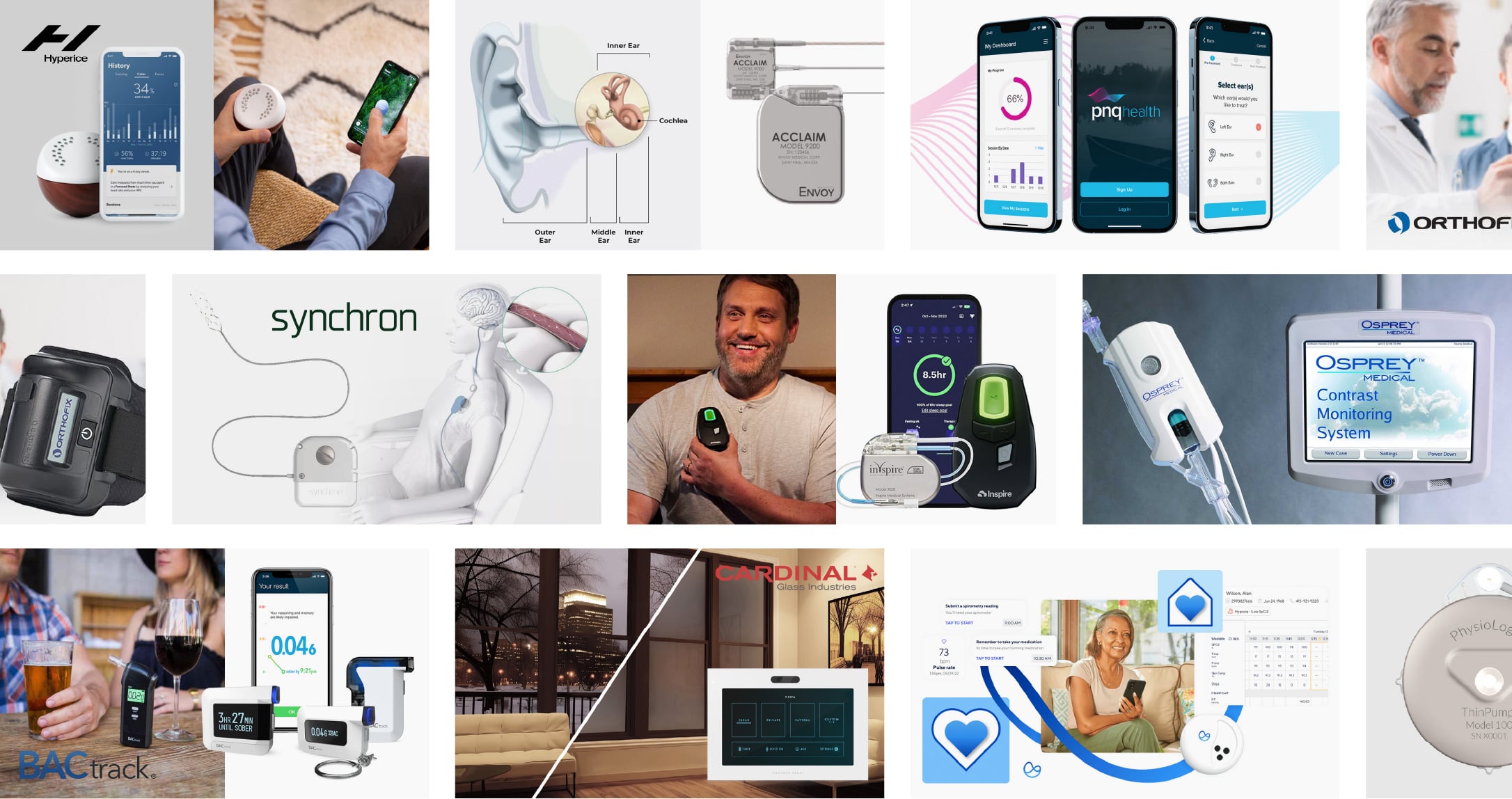Collage of digital health and MedTech products, including connected wearables, implantable devices, mobile therapy apps, and patient monitoring systems from brands like Hyperice, Synchron, Inspire, and BACtrack.