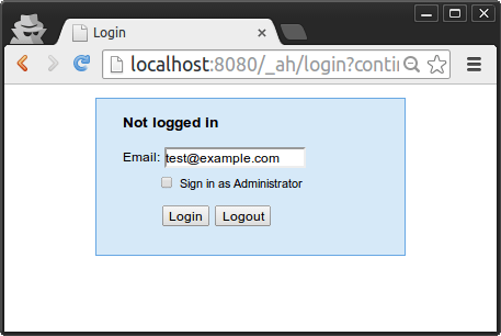 Tela de login no ambiente local (powered by GAE)