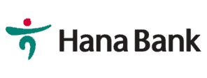 Logo Hana Bank menampilkan elemen grafis yang dinamis dan modern, dengan kombinasi warna biru dan merah, menggambarkan identitas lembaga keuangan.