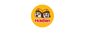 Dua karakter kartun ceria tersenyum, mengenakan topi kuning, mewakili merek HokBen. Latar belakang berwarna cerah memberikan kesan ramah dan mengundang selera makan.