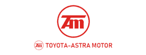 Logo Toyota-Astra Motor menonjol dengan huruf merah, mencerminkan identitas dan brand perusahaan otomotif yang terkemuka di Indonesia.